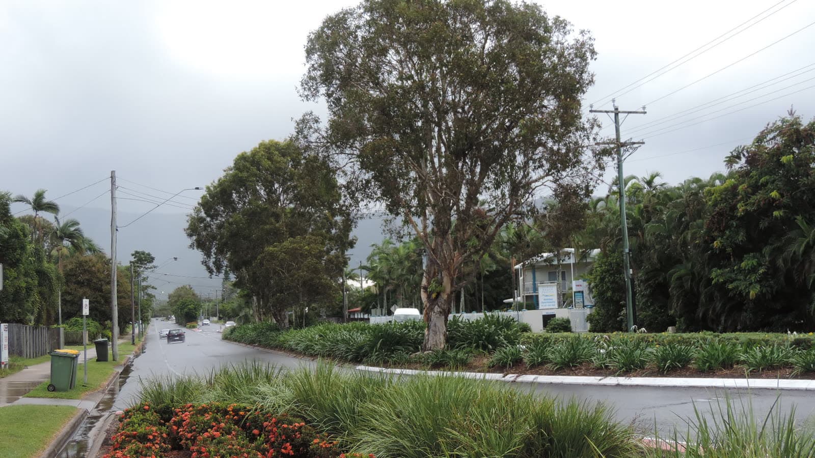 Trinity Beach Road looking west from the Anderson Street roundabout, the village strip where most of the restaurants sit